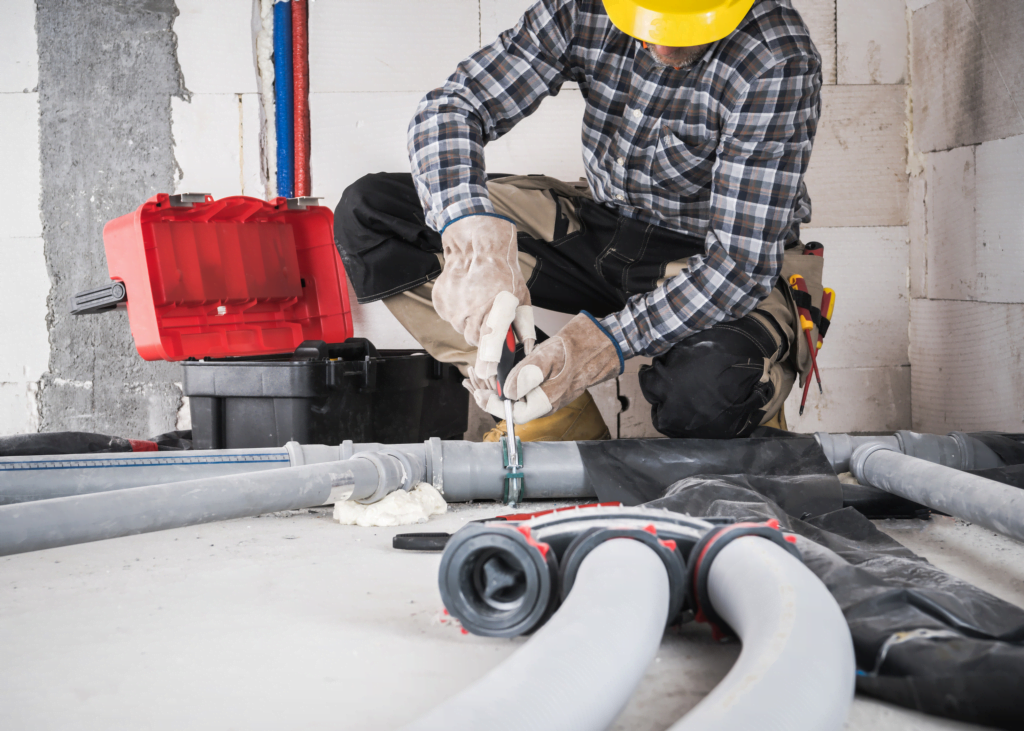 Expert Pipe Installation by Handyman Jax in Jacksonville, FL Plumber with yellow hardhat installing pipes at a construction site in Jacksonville, FL