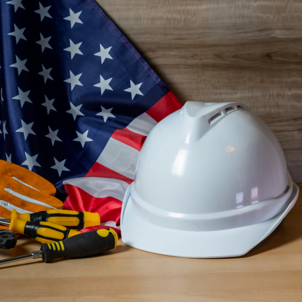 Labor Day banner featuring a variety of tools and the US flag, representing Handyman Jax