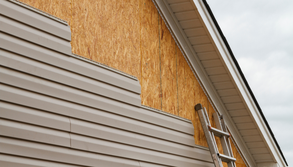 New beige vinyl siding being installed over an osb New beige vinyl siding being installed over an osb (oriented strand board) substrate on a residential house in the Southeastern USA region on a cloudy day. The old vinyl siding was being replaced after a hail storm..png
